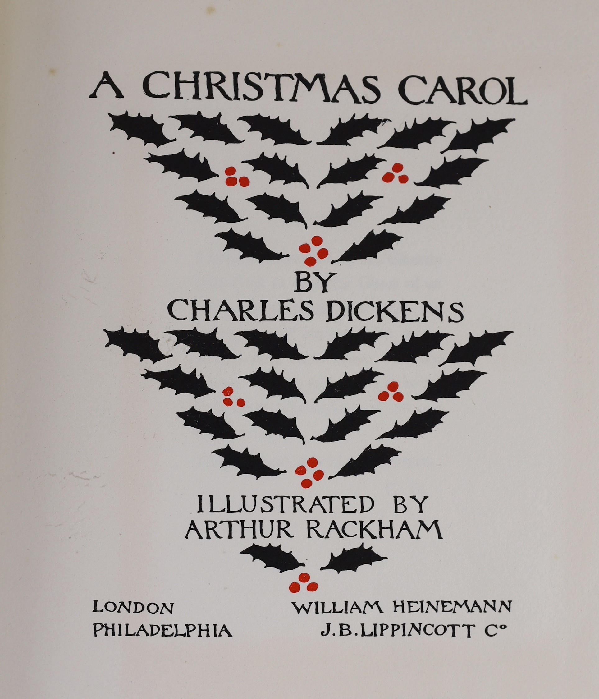 Dickens, Charles - A Christmas Carol. Limited edition (of 500 numbered copies signed by the artist, Arthur Rackham), pictorial title, 12 coloured plates (mounted and with captioned guards) and b/w. text illus. (some full